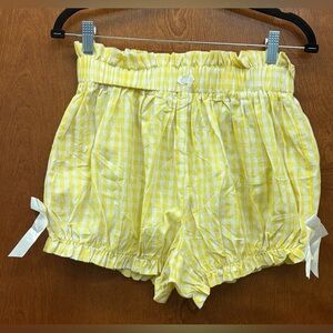 Gingham plaid yellow & white bloomer shorts ruffle trim bows elastic size medium